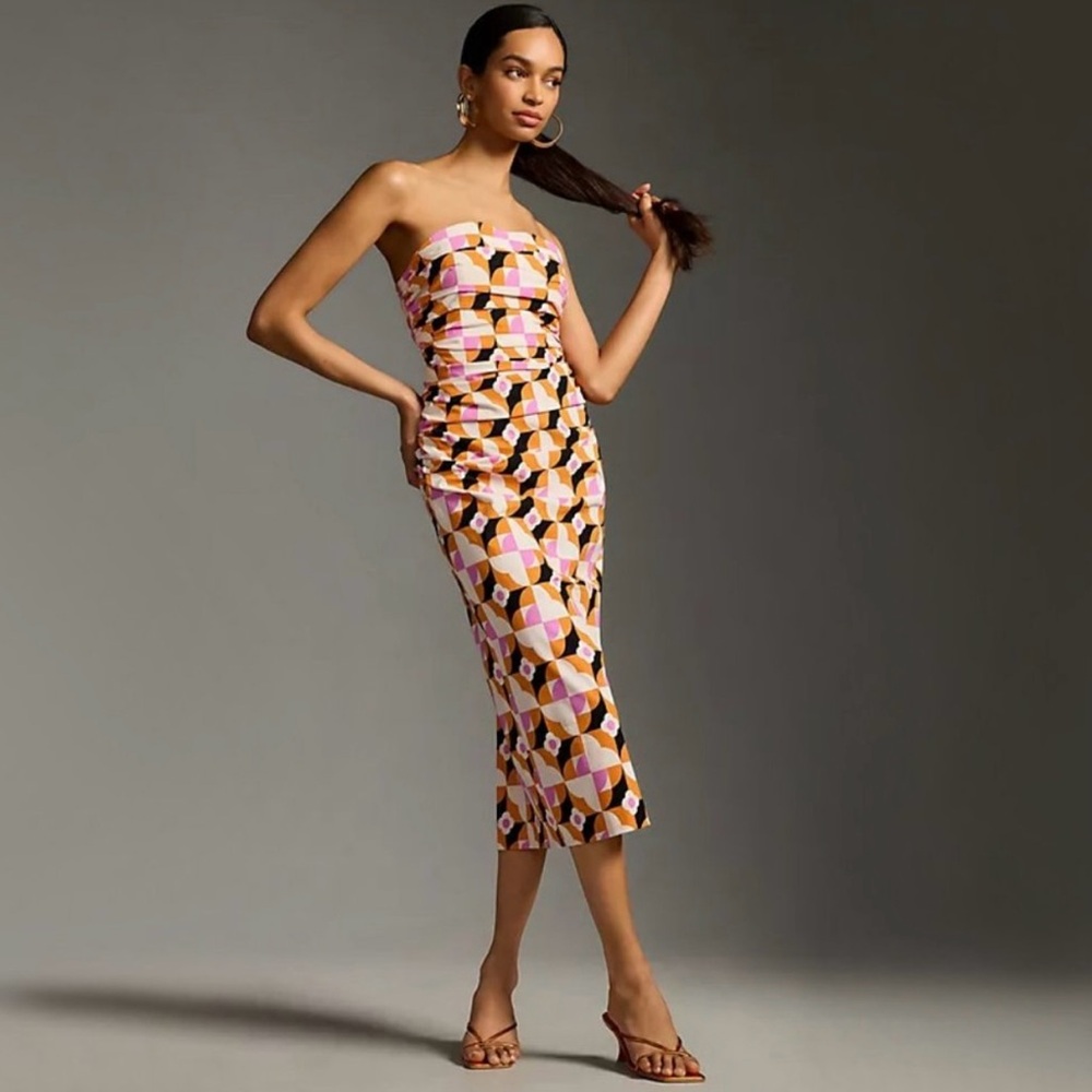 Anthropologie geo print ruched strapless dress